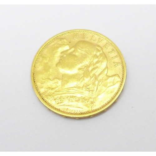 961 - A 1930 Swiss 20 Francs gold coin, .900 fineness, 6.5g