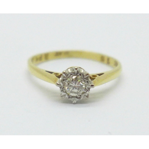 982 - An 18ct gold and platinum solitaire diamond ring, 1.8g, L