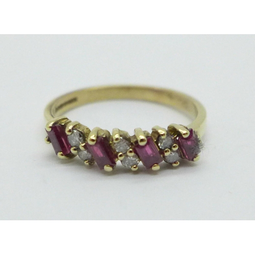 985 - A 9ct gold, ruby and diamond ring, 1.9g, M