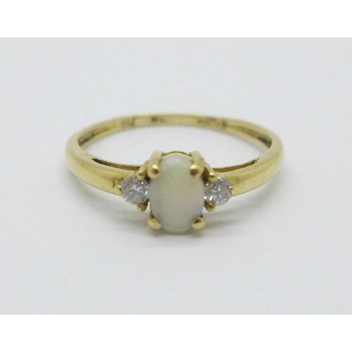 986 - An 18ct gold, opal and white stone ring, 1.5g, N