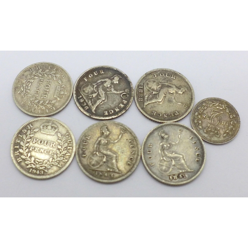 993 - Six Groats or four pence coins, 1836, two 1843, 1849, 1888 and 1942, and an 1838 3d