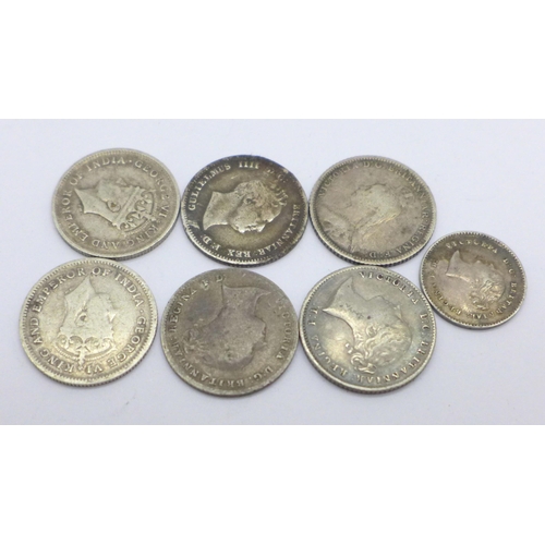 993 - Six Groats or four pence coins, 1836, two 1843, 1849, 1888 and 1942, and an 1838 3d