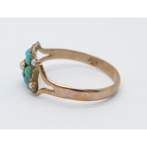 996 - A Victorian 9ct gold turquoise and pearl cluster ring, 1.6g, O