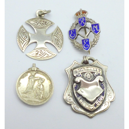 997 - Two silver fobs, a Victorian medal miniature and a sterling silver and enamel badge