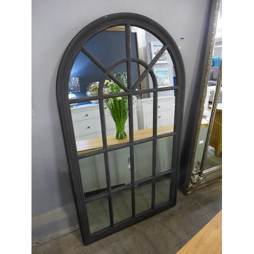 1563 - A large rustic black arched window mirror, H140cms x W80cms (M40172)   #