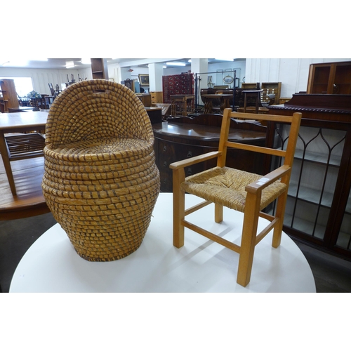 105 - A wicker child's chair and child's beech and rush seated chair