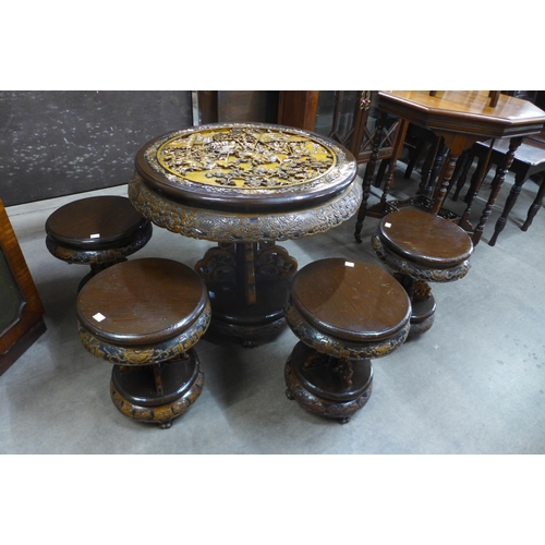 148 - An eastern carved hardwood circular table and four stools