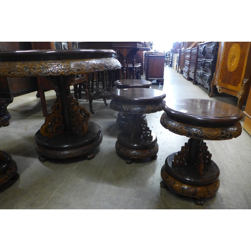 148 - An eastern carved hardwood circular table and four stools