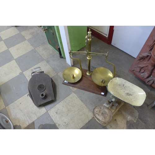 271 - A set of Post Office scales, another set of scales and a fire bellow