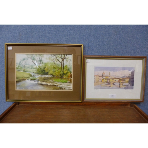 326 - J. Cooper Blakely, river landscape, watercolour and a print of Florence