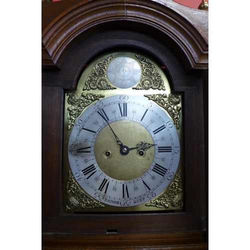 40 - A George III Lancashire oak 8 day longcase clock, the 12 inch arched brass dial signed Raynor, Bury