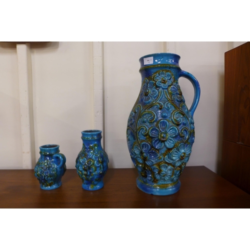 44 - Three West German turquoise glazed porcelain vases, tallest 45cms h