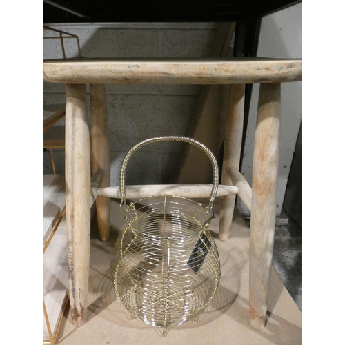 3014 - Rustic style stool, gold metal egg basket and a wall mounted shelving unit (50 x 50 x12cm ) * This l... 