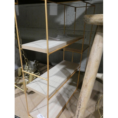 3014 - Rustic style stool, gold metal egg basket and a wall mounted shelving unit (50 x 50 x12cm ) * This l... 