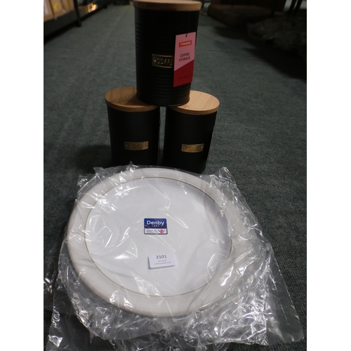 3101 - Four Denby dinner plates and three black metal coffee, tea and sugar storage jars * This lot is subj... 