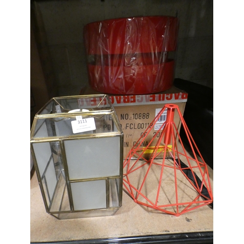 3111 - Pair of red layered fabric shades, red metal wire lampshade and a glass square lampshade * This lot ... 