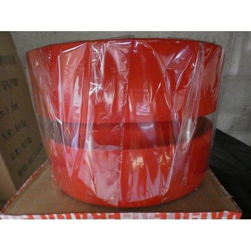 3111 - Pair of red layered fabric shades, red metal wire lampshade and a glass square lampshade * This lot ... 