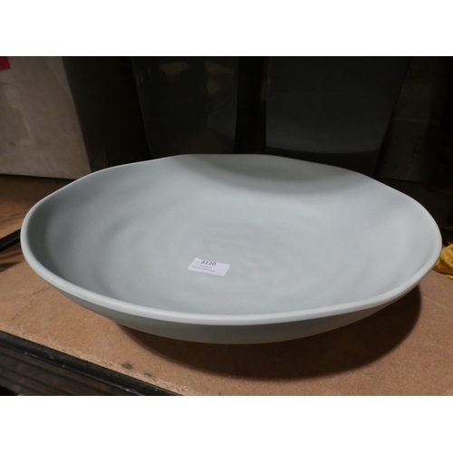 3120 - Green ceramic dish and two grey plastic planters (27cm tall) * This lot is subject to VAT