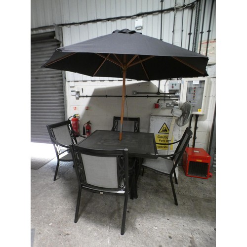 3297 - A tile top garden aluminium table (112cm square), 4 aluminium garden chairs & a wooden garden umbrel... 