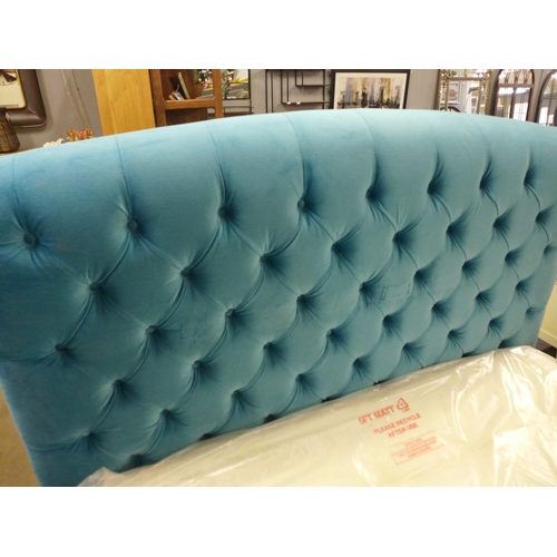 1308 - A turquoise upholstered button back kingsize bed frame (slight marks)