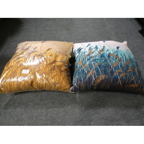 3068 - Two Clarissa Hulse Water Reeds cushions:- one mustard, one teal * This lot is subject to VAT