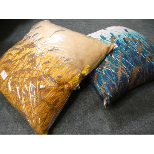 3068 - Two Clarissa Hulse Water Reeds cushions:- one mustard, one teal * This lot is subject to VAT