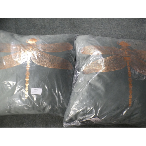 3070 - Pair of green and copper velvet, Dragonfly motif cushions * This lot is subject to VAT