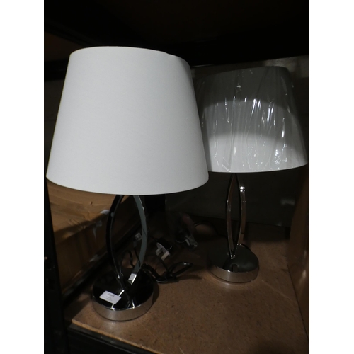 3084 - Pair of chrome effect lamps with white shades * This lot is subject to VAT