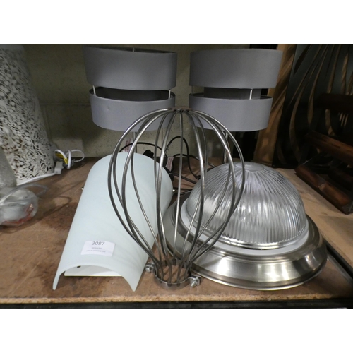 3087 - Pair of lamps, two light fittings and a metal shade * This lot is subject to VAT