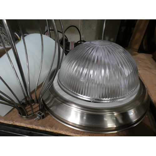 3087 - Pair of lamps, two light fittings and a metal shade * This lot is subject to VAT