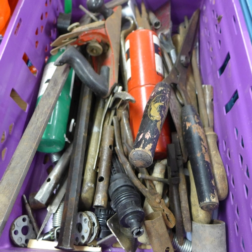 2330 - 2 Trays of misc. tools, includes large quantity of spanners, pliers, pipe bender, etc.