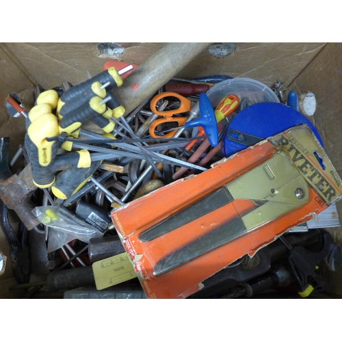 2008 - Box & red tub of assorted hand tools incl. hammer, screwdrivers, allen keys, tile cutter, etc.