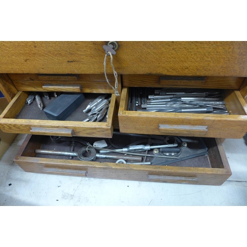 2011 - Joiner's wooden tool box with drawers & key inc. large qty of vintage engineering items in original ... 