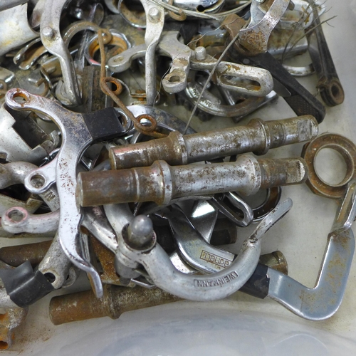 2031 - Vintage 1960's, 70's bike parts - callipers, axles, brackets, steering stems, brackets, etc.