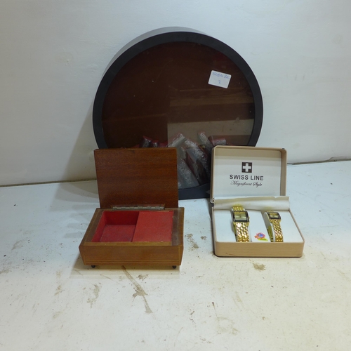 2077 - Box of misc. ornaments, pair of Swiss watches and a round lamp