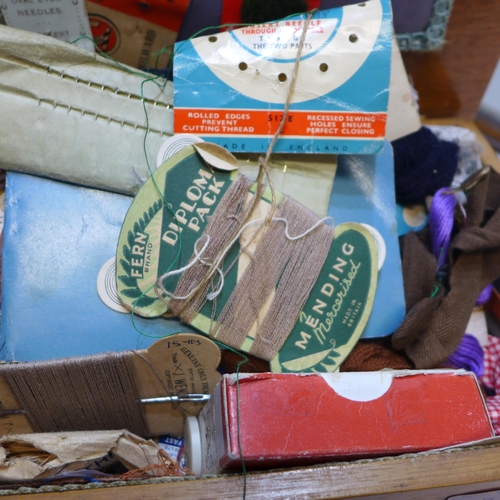 2097 - Box of vintage sewing & darning items in original wraps  and a Mappin & Webb handbag and glove set