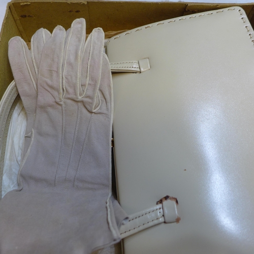 2097 - Box of vintage sewing & darning items in original wraps  and a Mappin & Webb handbag and glove set