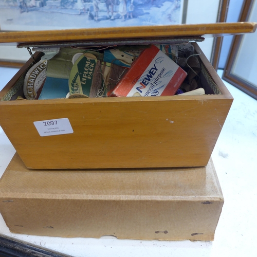 2097 - Box of vintage sewing & darning items in original wraps  and a Mappin & Webb handbag and glove set