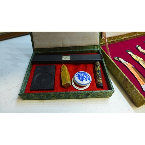 2097 - Box of vintage sewing & darning items in original wraps  and a Mappin & Webb handbag and glove set