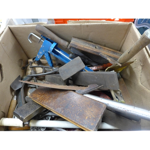 2136 - 2 Boxes of assorted hand tools incl. wooden planes, spanner, saws, tool belt, etc.