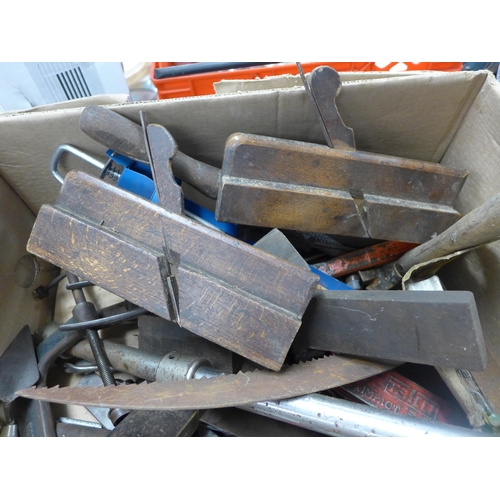 2136 - 2 Boxes of assorted hand tools incl. wooden planes, spanner, saws, tool belt, etc.