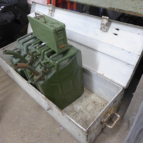 2430 - Steel lock box 1.5cm x 30cm x 20cm approx. plus 3 green 20 ltr Jerry cans & nozzles & 1 ammo tin