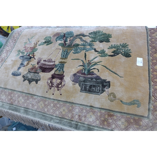 2088 - Authentic Chinese 100% decorative silk rug with Bonsai/tree motif in green and cream