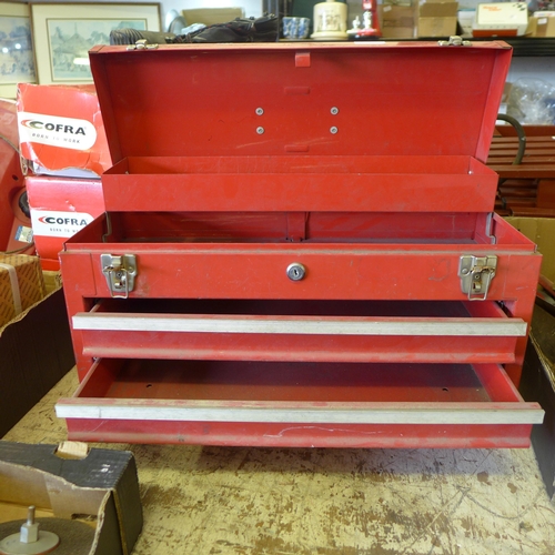 2350 - Red tool tin with drawers & carry handle