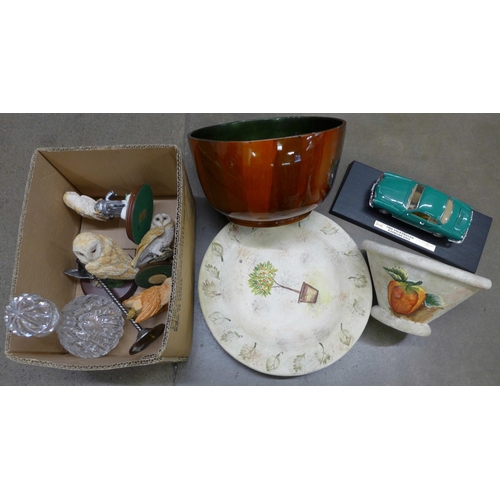 1133 - Owl figures, a glass decanter, a bowl and plate and a candlestick, etc. **PLEASE NOTE THIS LOT IS NO... 