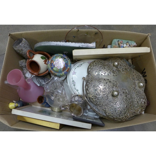 1135 - Assorted items including posy ornaments, Marcus plaques, other china and glass and a plated basket *... 