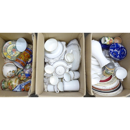 1141 - Three boxes of china including a Kent pattern tea service, Royal Albert Encore tea ware, Italian cer... 