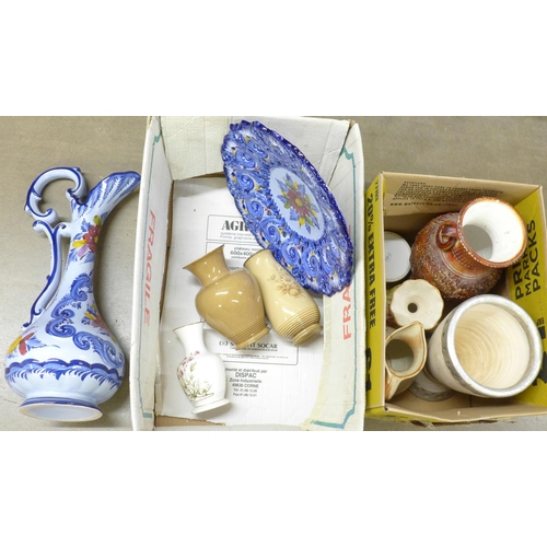 1145 - Two boxes of mixed china including two Denby vases and a tall Portuguese pitcher and plate**PLEASE N... 