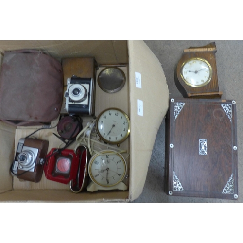 1152 - Assorted items, two Smiths clocks, two cameras, a mantel clock, a box, a rosewood jewellery box, a/f... 