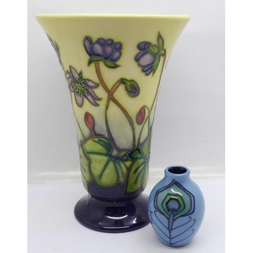 618 - Two Moorcroft vases including a blue Peacock Parade miniature vase, 16cm and 5.5cm